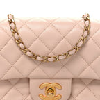 Lambskin Quilted Mini Rectangular Pearl Crush Flap Beige