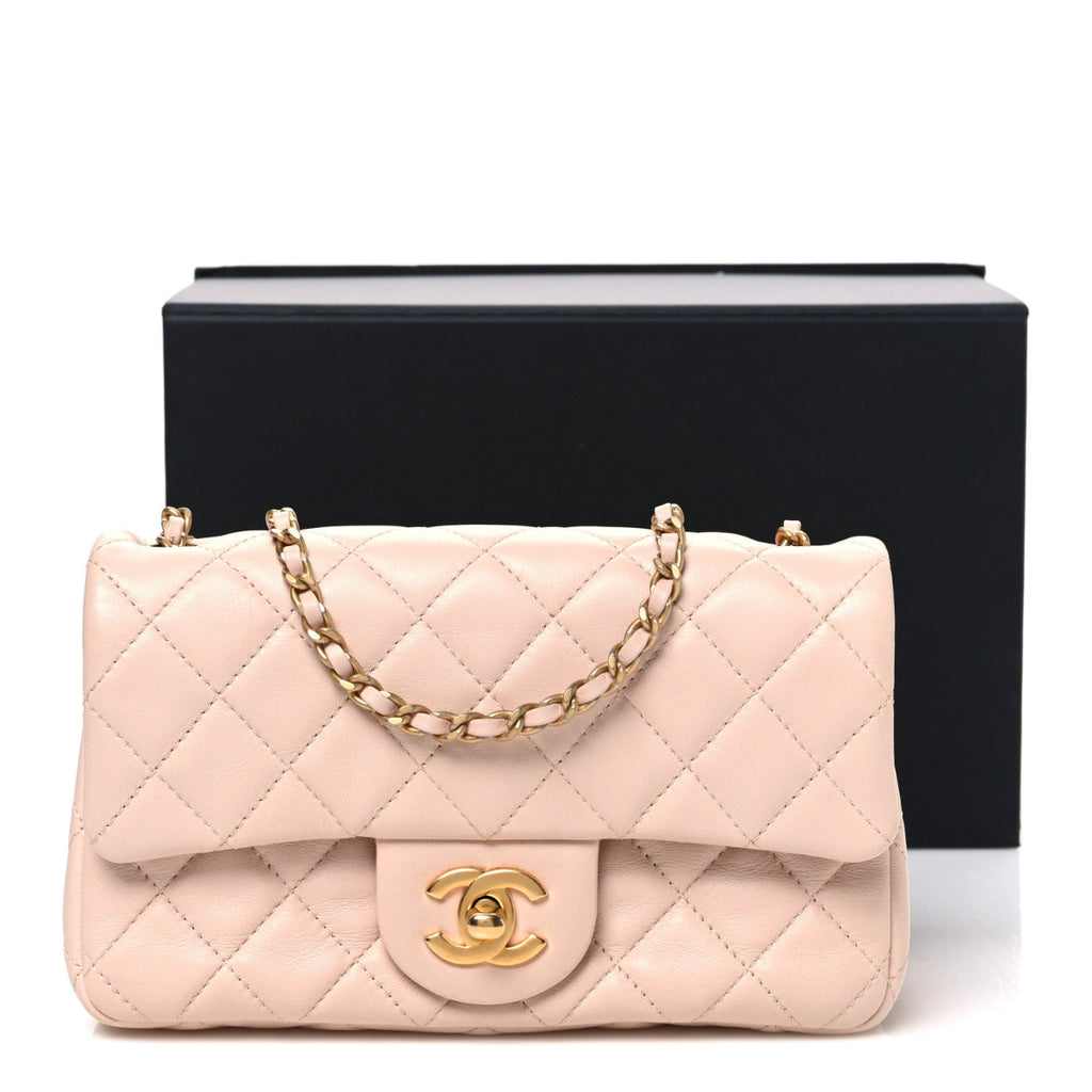 Lambskin Quilted Mini Rectangular Pearl Crush Flap Beige