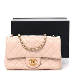 Lambskin Quilted Mini Rectangular Pearl Crush Flap Beige