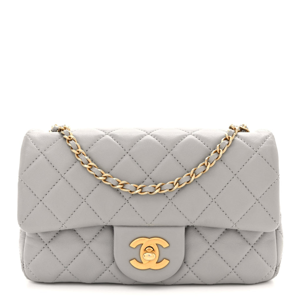 Lambskin Quilted Mini Rectangular Pearl Crush Flap Grey