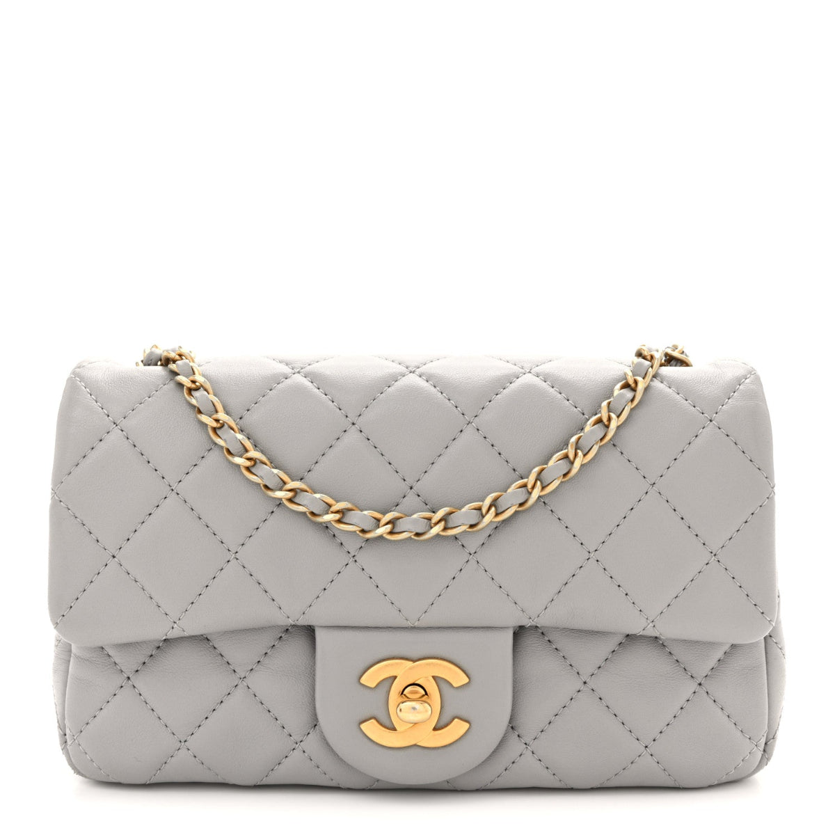 Lambskin Quilted Mini Rectangular Pearl Crush Flap Grey