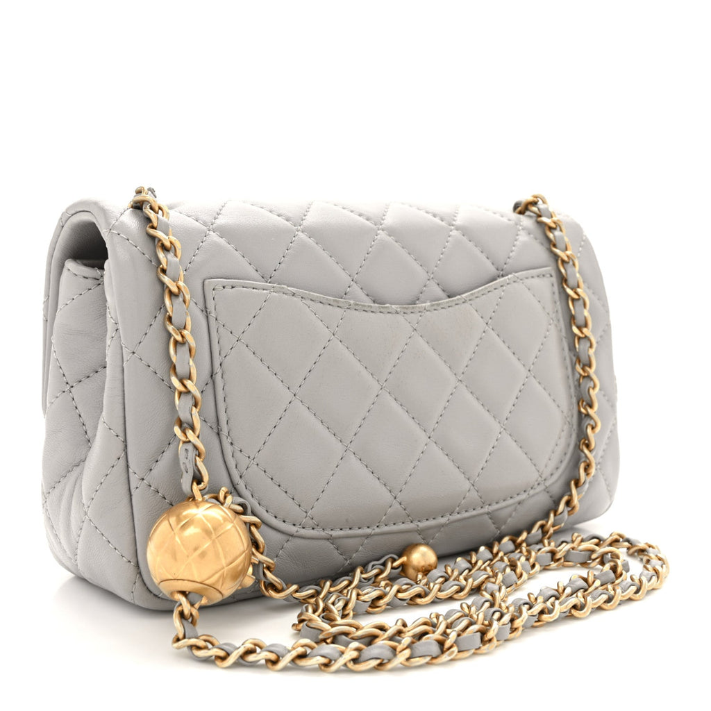 Lambskin Quilted Mini Rectangular Pearl Crush Flap Grey