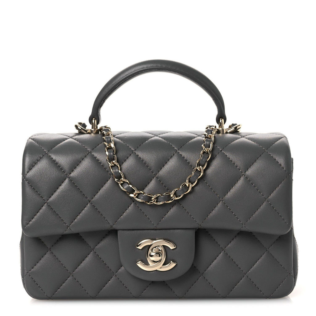 Lambskin Quilted Mini Top Handle Rectangular Flap Dark Grey