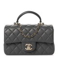 Lambskin Quilted Mini Top Handle Rectangular Flap Dark Grey