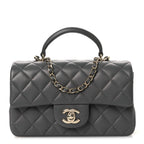 Lambskin Quilted Mini Top Handle Rectangular Flap Dark Grey