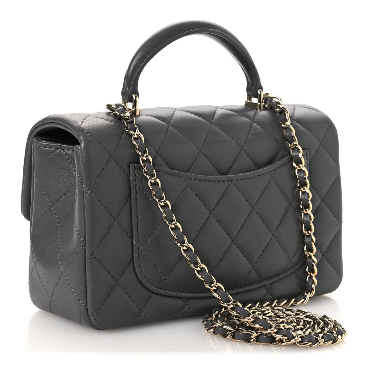Lambskin Quilted Mini Top Handle Rectangular Flap Dark Grey