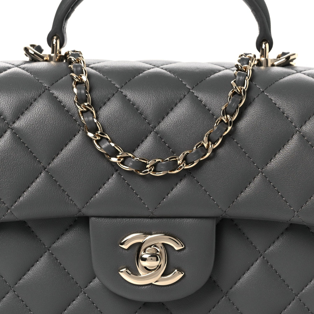 Lambskin Quilted Mini Top Handle Rectangular Flap Dark Grey
