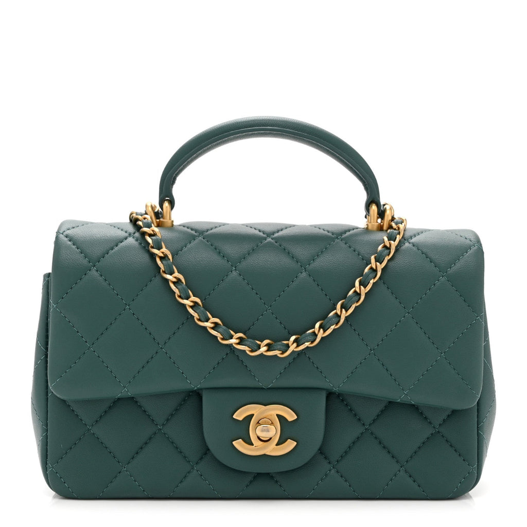 Lambskin Quilted Mini Top Handle Rectangular Flap Green