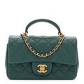 Lambskin Quilted Mini Top Handle Rectangular Flap Green