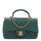 Lambskin Quilted Mini Top Handle Rectangular Flap Green