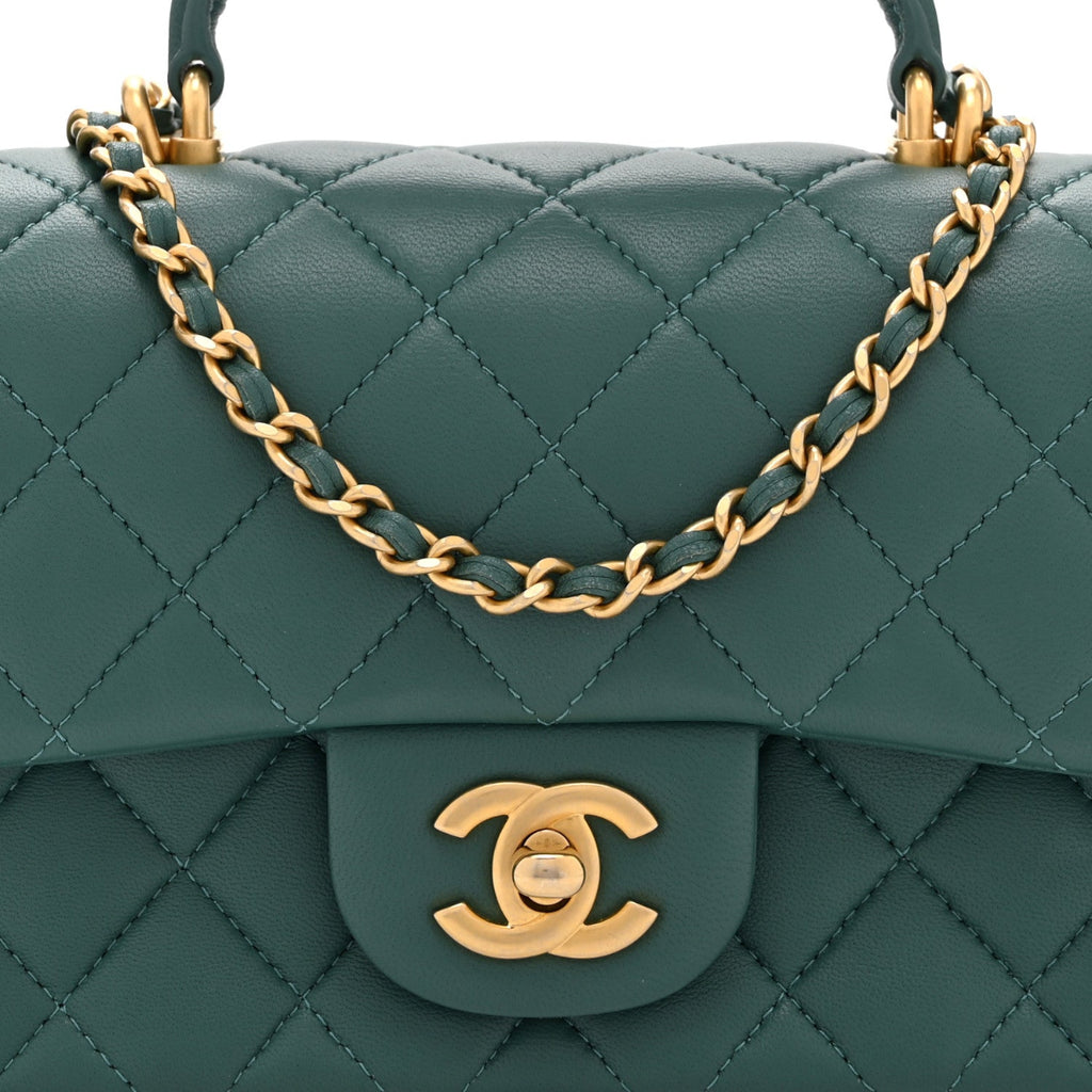 Lambskin Quilted Mini Top Handle Rectangular Flap Green