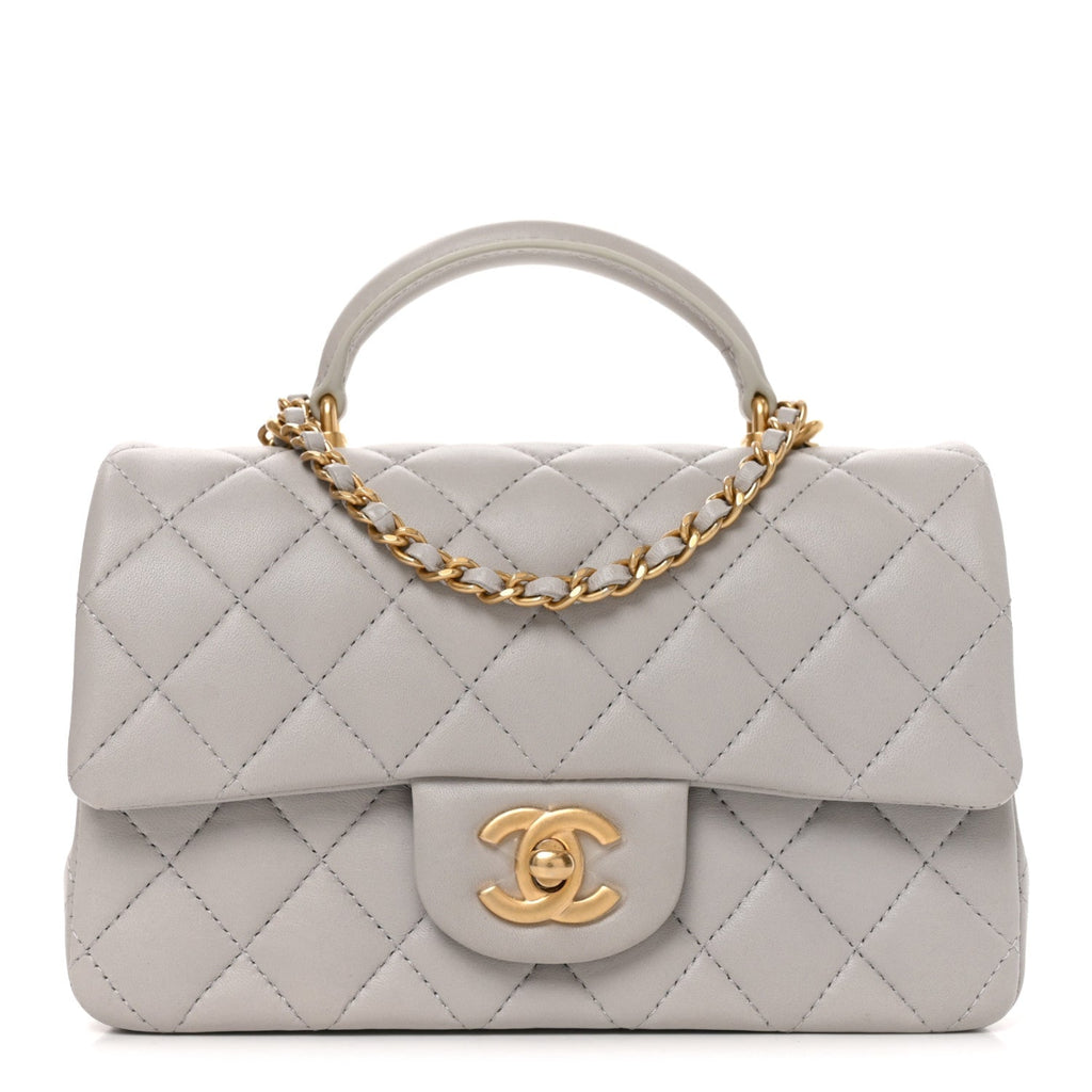 Lambskin Quilted Mini Top Handle Rectangular Flap Grey