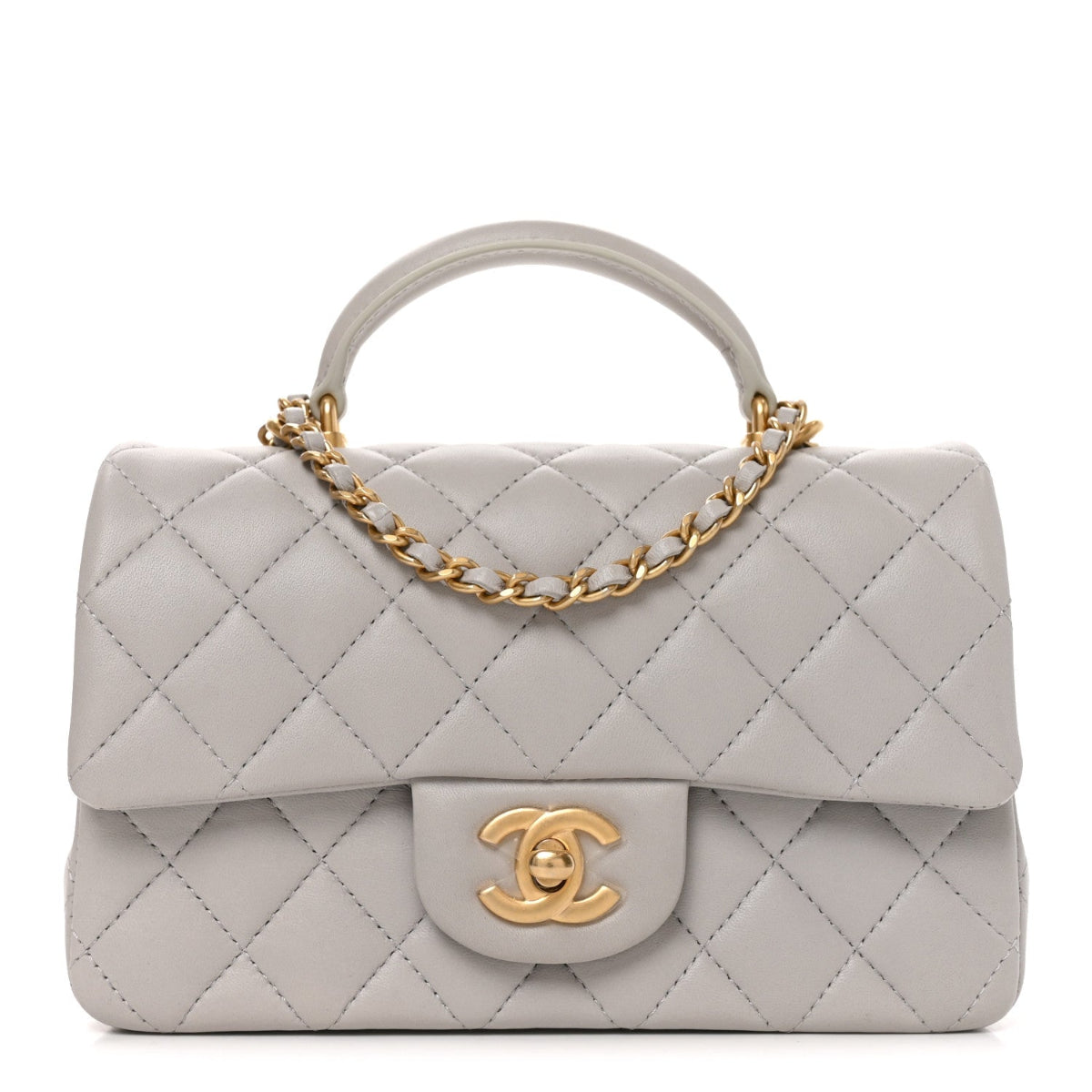 Lambskin Quilted Mini Top Handle Rectangular Flap Grey