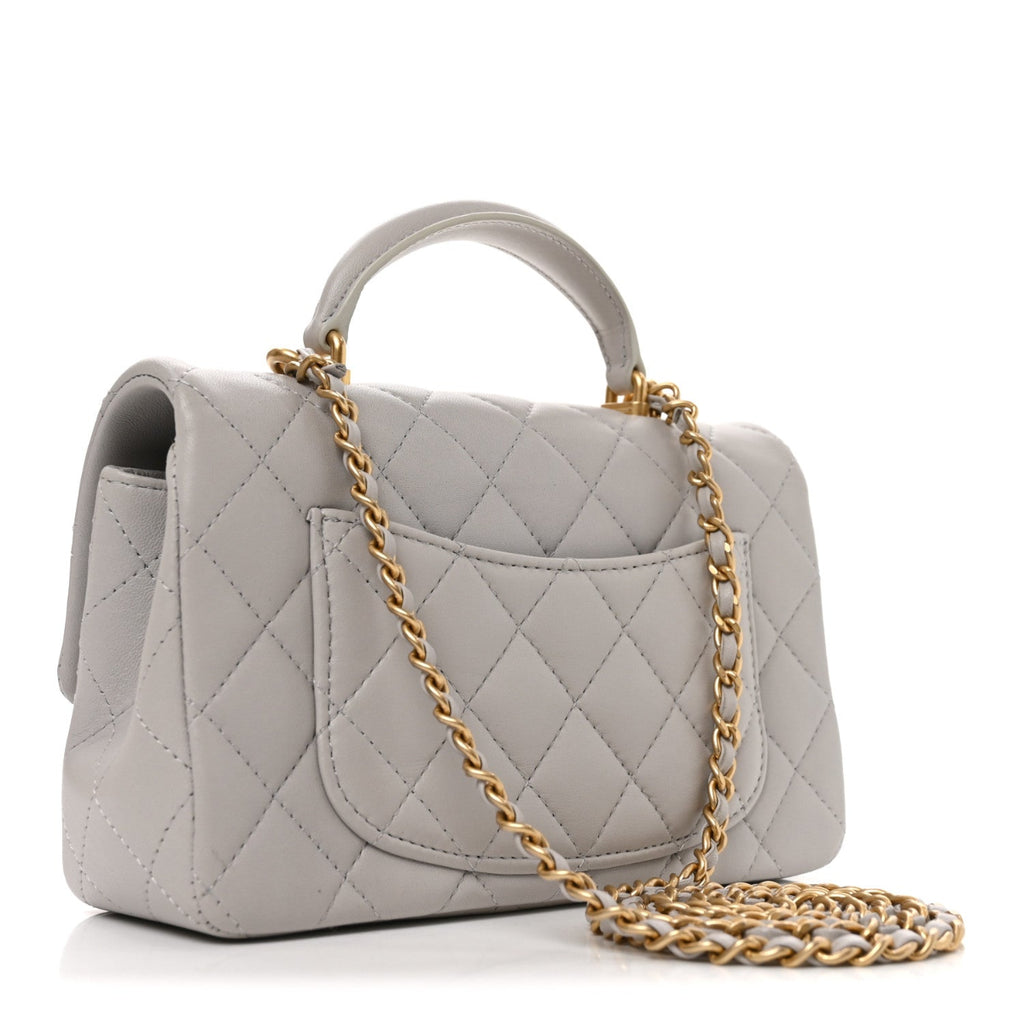 Lambskin Quilted Mini Top Handle Rectangular Flap Grey
