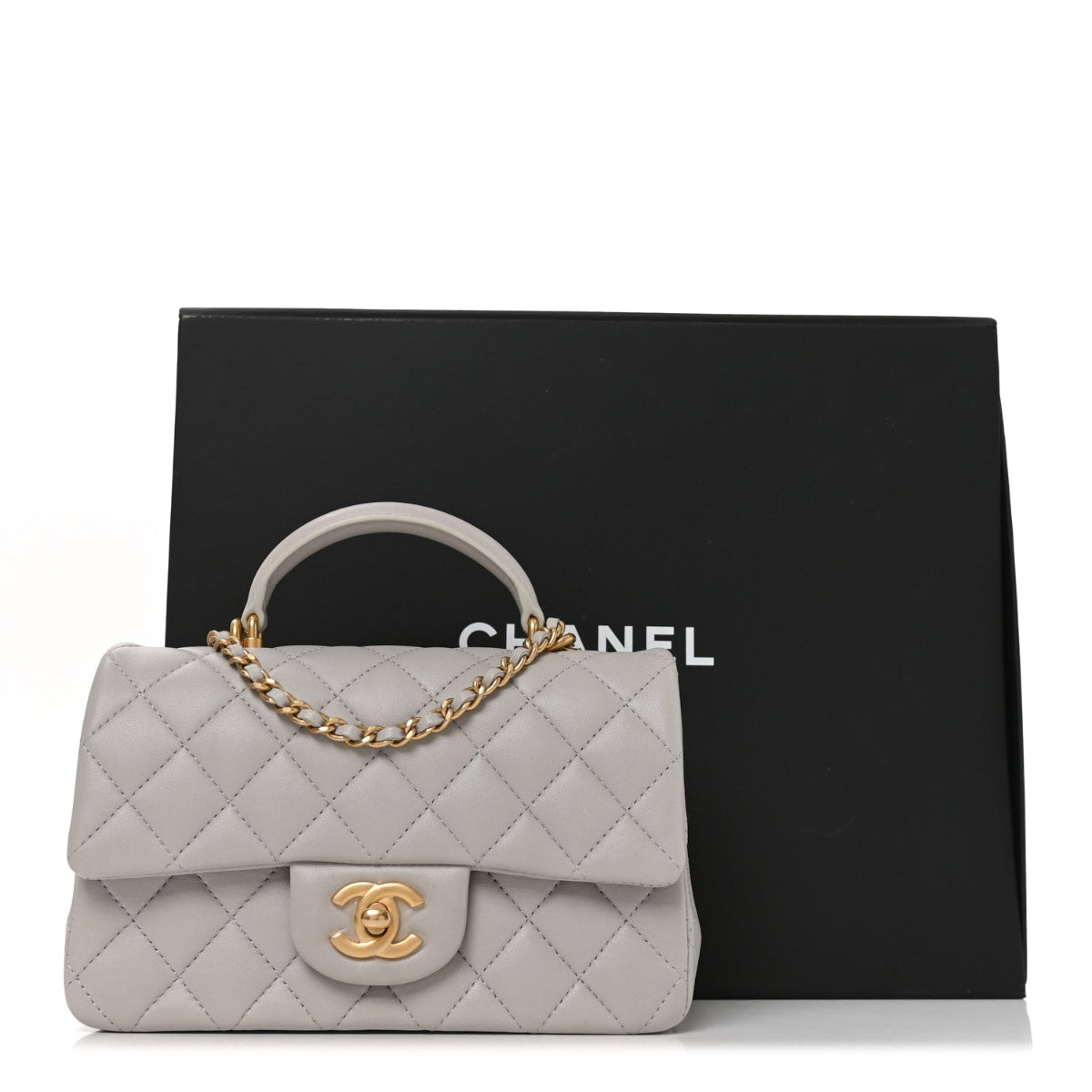 Lambskin Quilted Mini Top Handle Rectangular Flap Grey