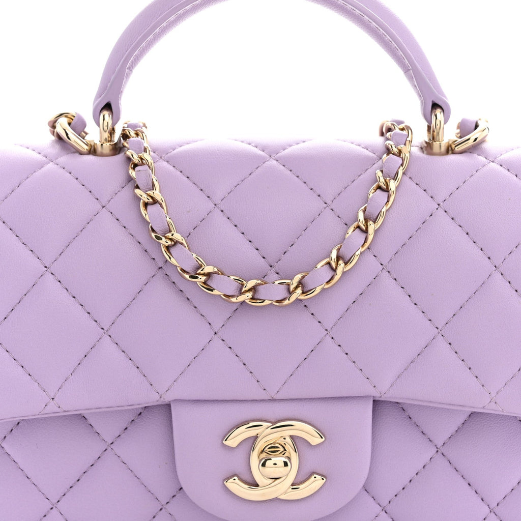 Lambskin Quilted Mini Top Handle Rectangular Flap Light Purple