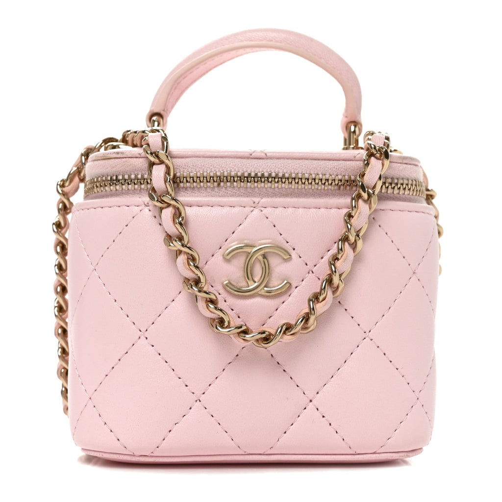 Lambskin Quilted Mini Top Handle Vanity Case With Chain Light Pink