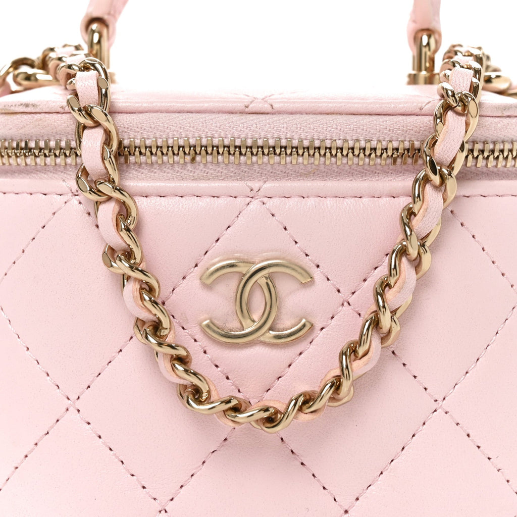Lambskin Quilted Mini Top Handle Vanity Case With Chain Light Pink