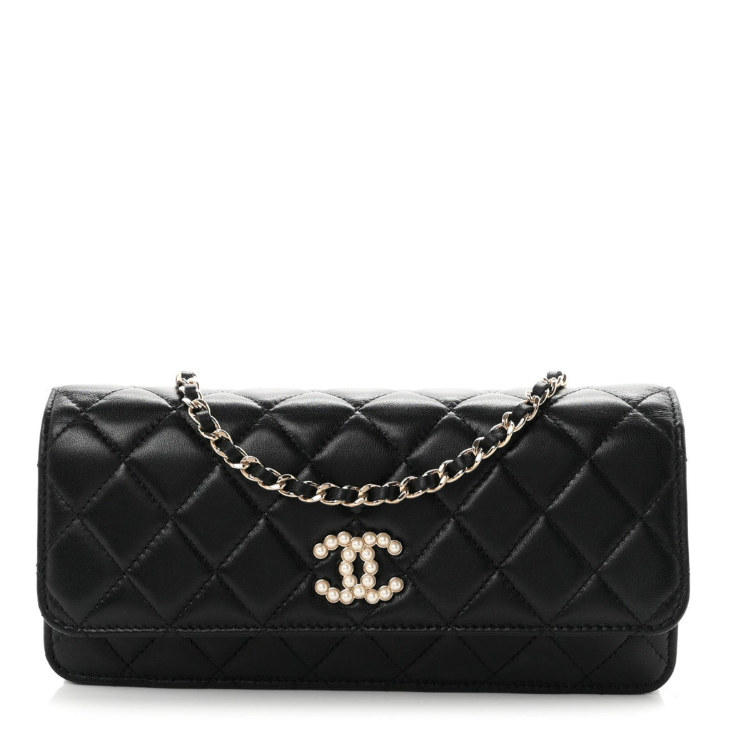 Lambskin Quilted Pearl CC Flap Clutch Black