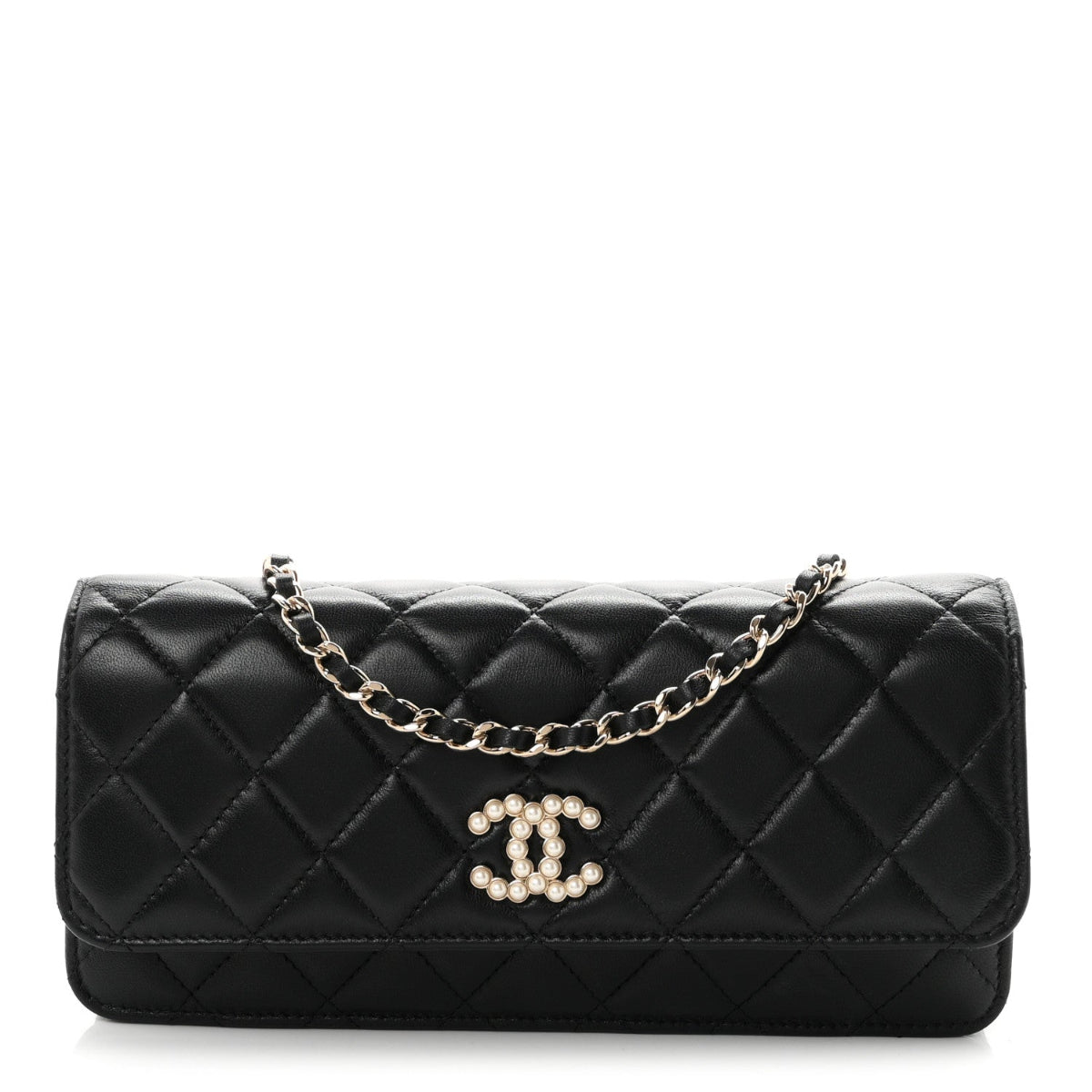 Lambskin Quilted Pearl CC Flap Clutch Black