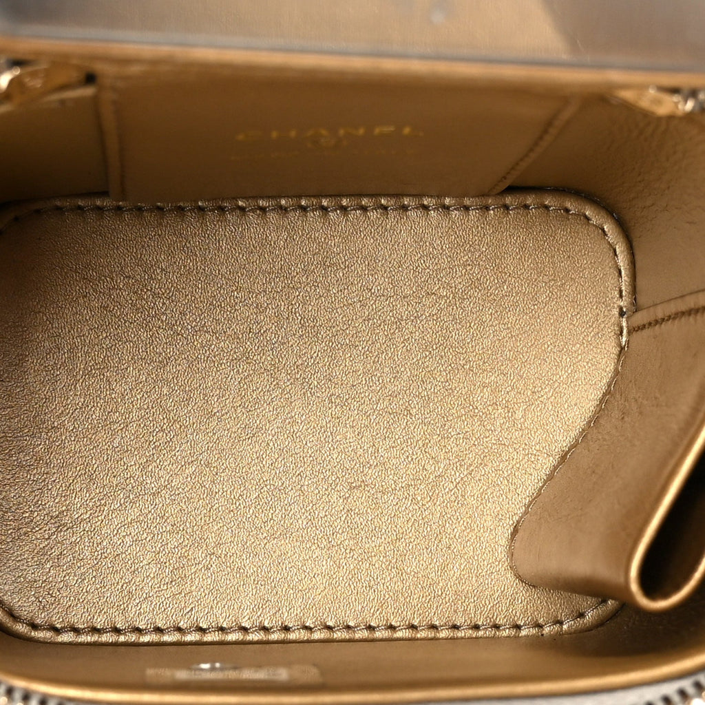 Lambskin Quilted Pearl Crush Mini Vanity Case With Chain Grey