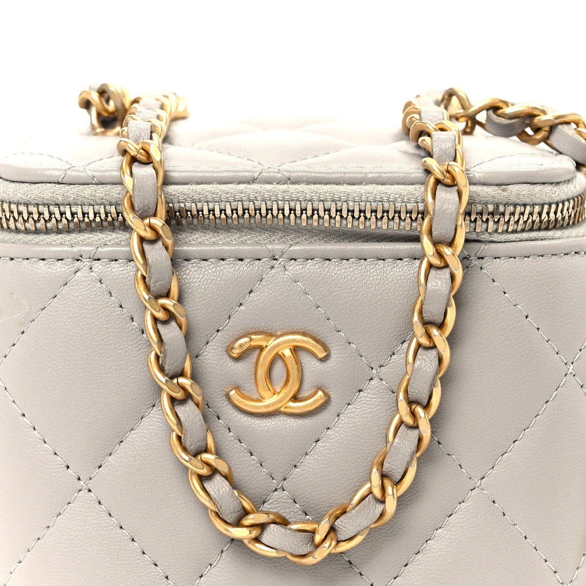 Lambskin Quilted Pearl Crush Mini Vanity Case With Chain Grey