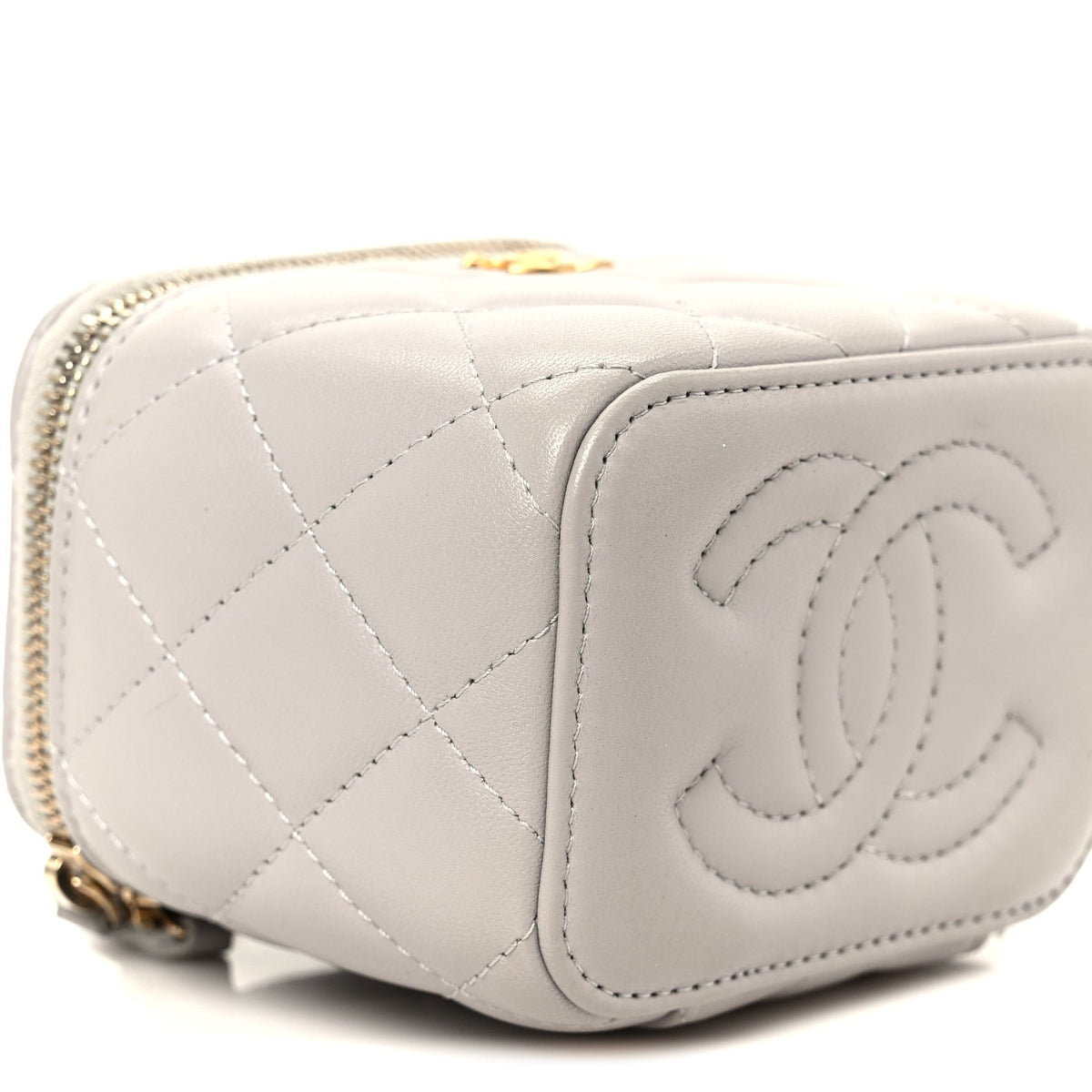 Lambskin Quilted Pearl Crush Mini Vanity Case With Chain Grey