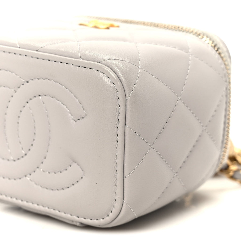 Lambskin Quilted Pearl Crush Mini Vanity Case With Chain Grey