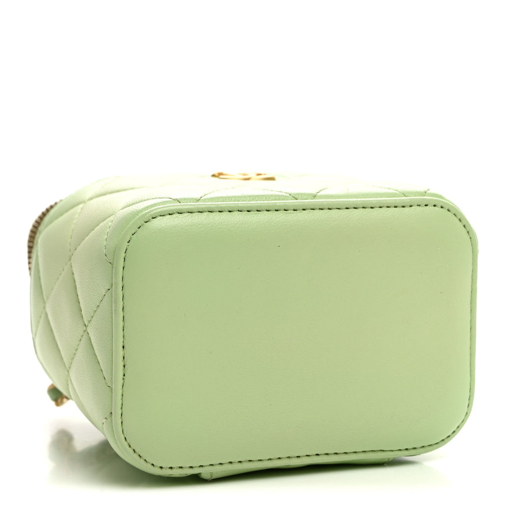 Lambskin Quilted Pearl Crush Mini Vanity Case With Chain Light Green