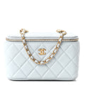 Lambskin Quilted Pearl Crush Small Vanity Case With Chain Light Blue