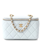 Lambskin Quilted Pearl Crush Small Vanity Case With Chain Light Blue
