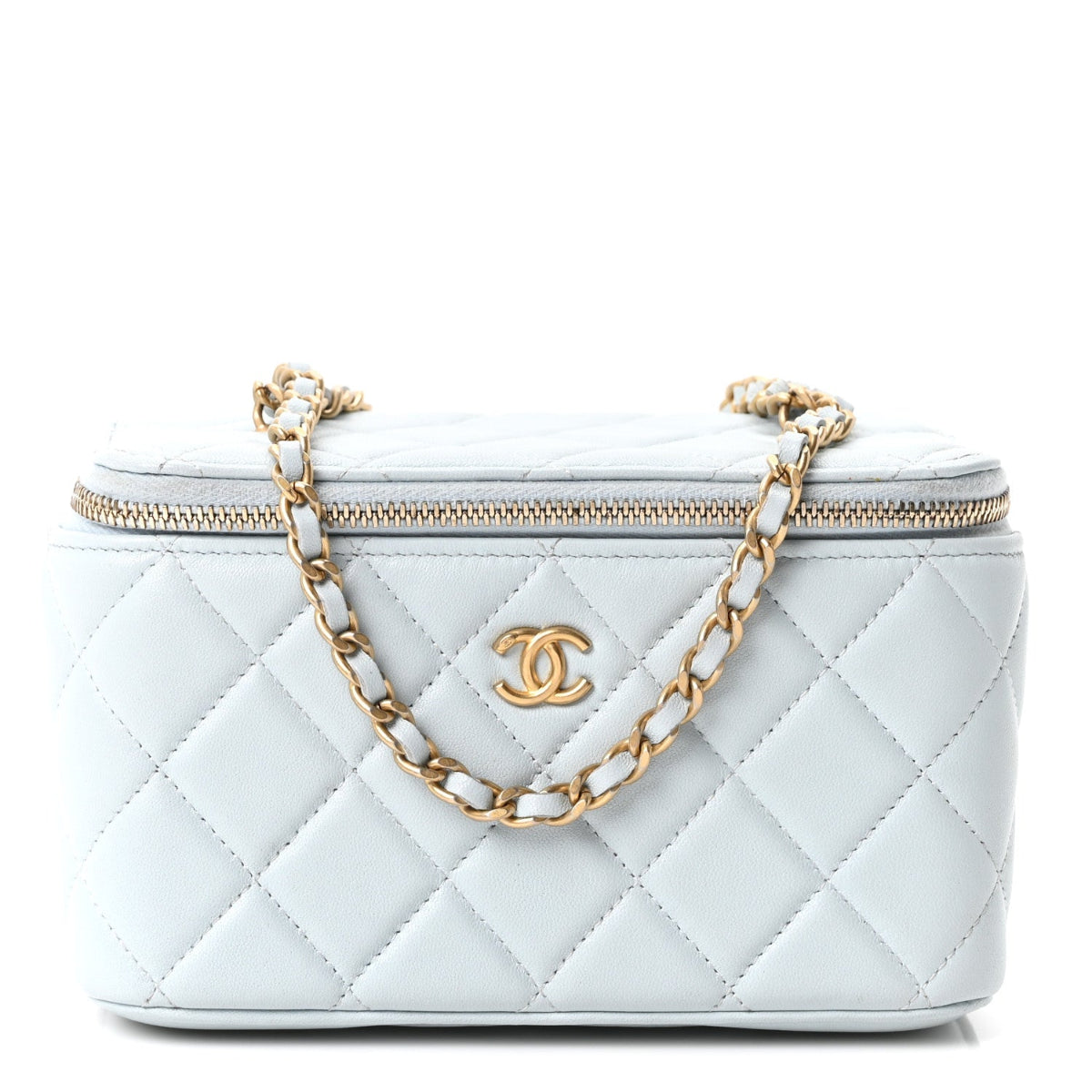 Lambskin Quilted Pearl Crush Small Vanity Case With Chain Light Blue