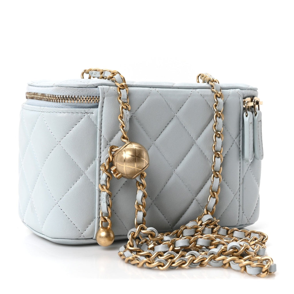 Lambskin Quilted Pearl Crush Small Vanity Case With Chain Light Blue