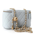 Lambskin Quilted Pearl Crush Small Vanity Case With Chain Light Blue