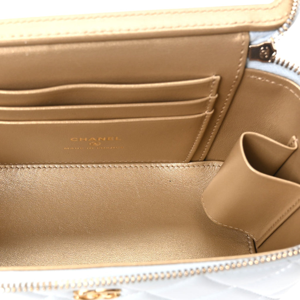 Lambskin Quilted Pearl Crush Small Vanity Case With Chain Light Blue