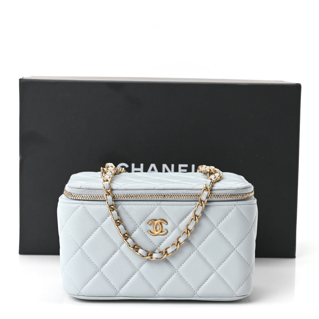 Lambskin Quilted Pearl Crush Small Vanity Case With Chain Light Blue