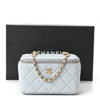 Lambskin Quilted Pearl Crush Small Vanity Case With Chain Light Blue