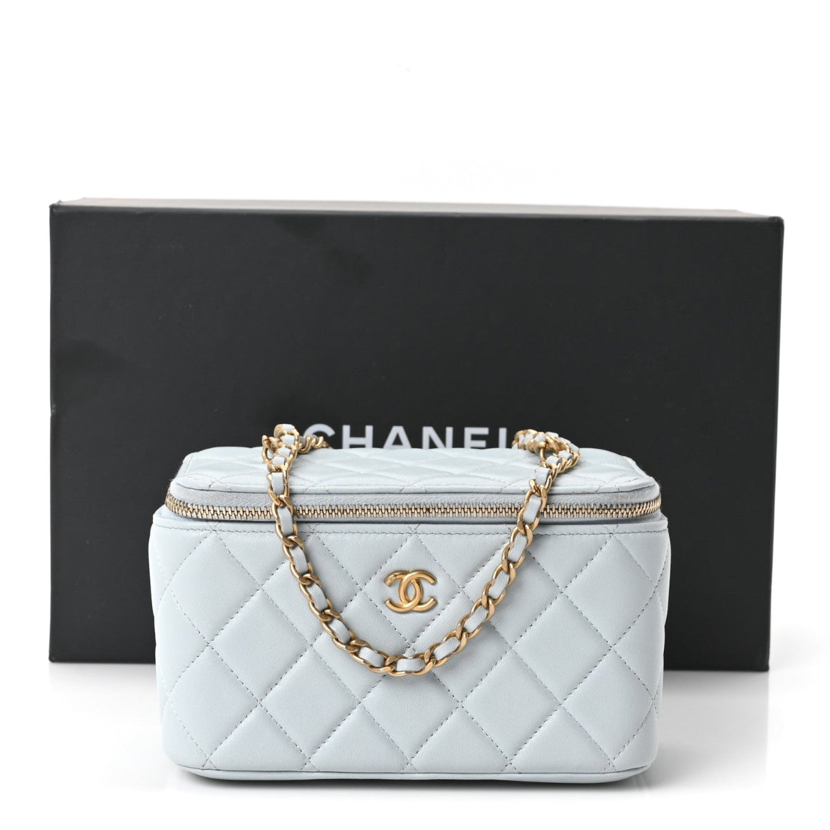 Lambskin Quilted Pearl Crush Small Vanity Case With Chain Light Blue