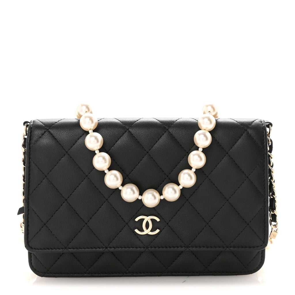 Lambskin Quilted Pearl Wallet On Chain WOC Black