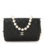 Lambskin Quilted Pearl Wallet On Chain WOC Black