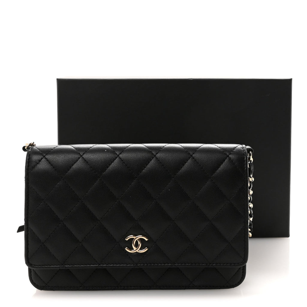 Lambskin Quilted Pearl Wallet On Chain WOC Black