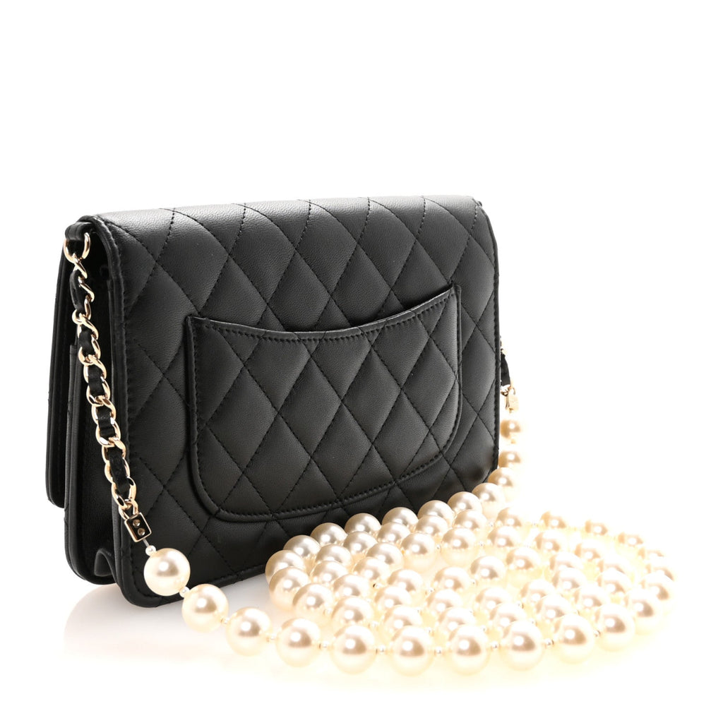 Lambskin Quilted Pearl Wallet On Chain WOC Black