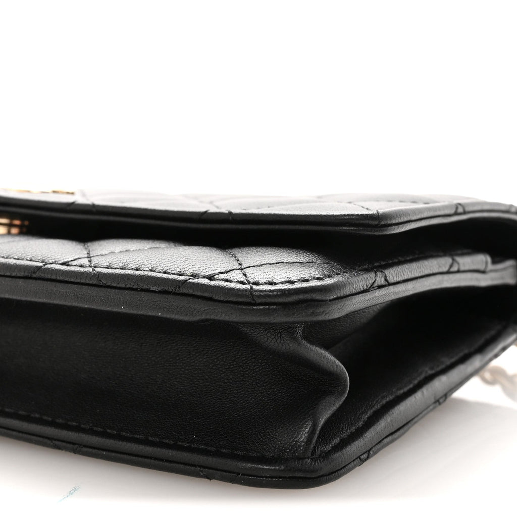 Lambskin Quilted Pearl Wallet On Chain WOC Black