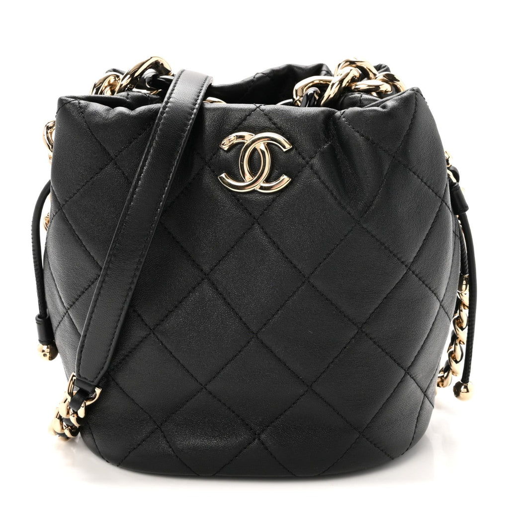 Lambskin Quilted Resin Bi-Color Chain Bucket Bag Black