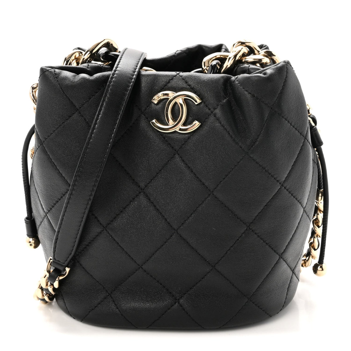 Lambskin Quilted Resin Bi-Color Chain Bucket Bag Black