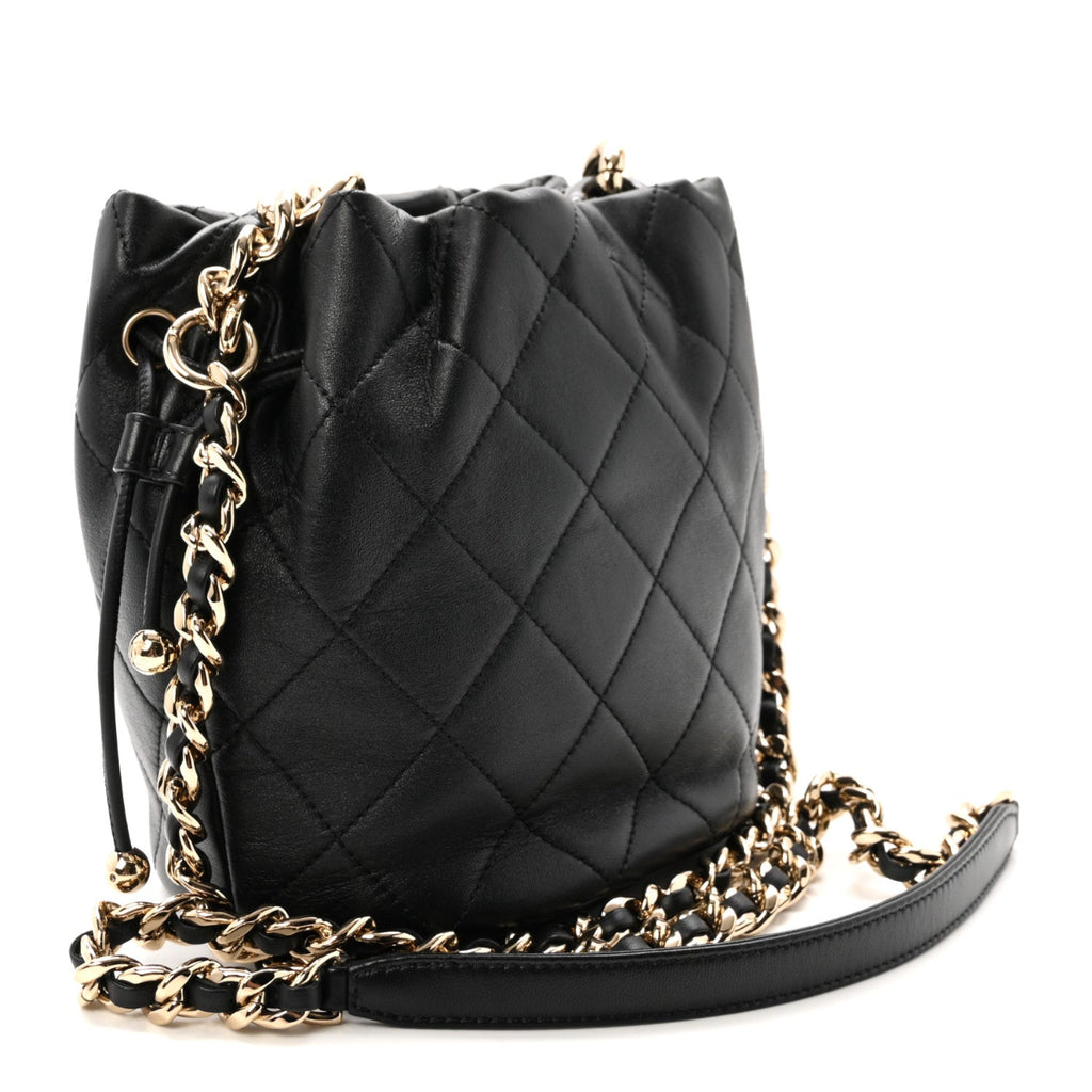 Lambskin Quilted Resin Bi-Color Chain Bucket Bag Black