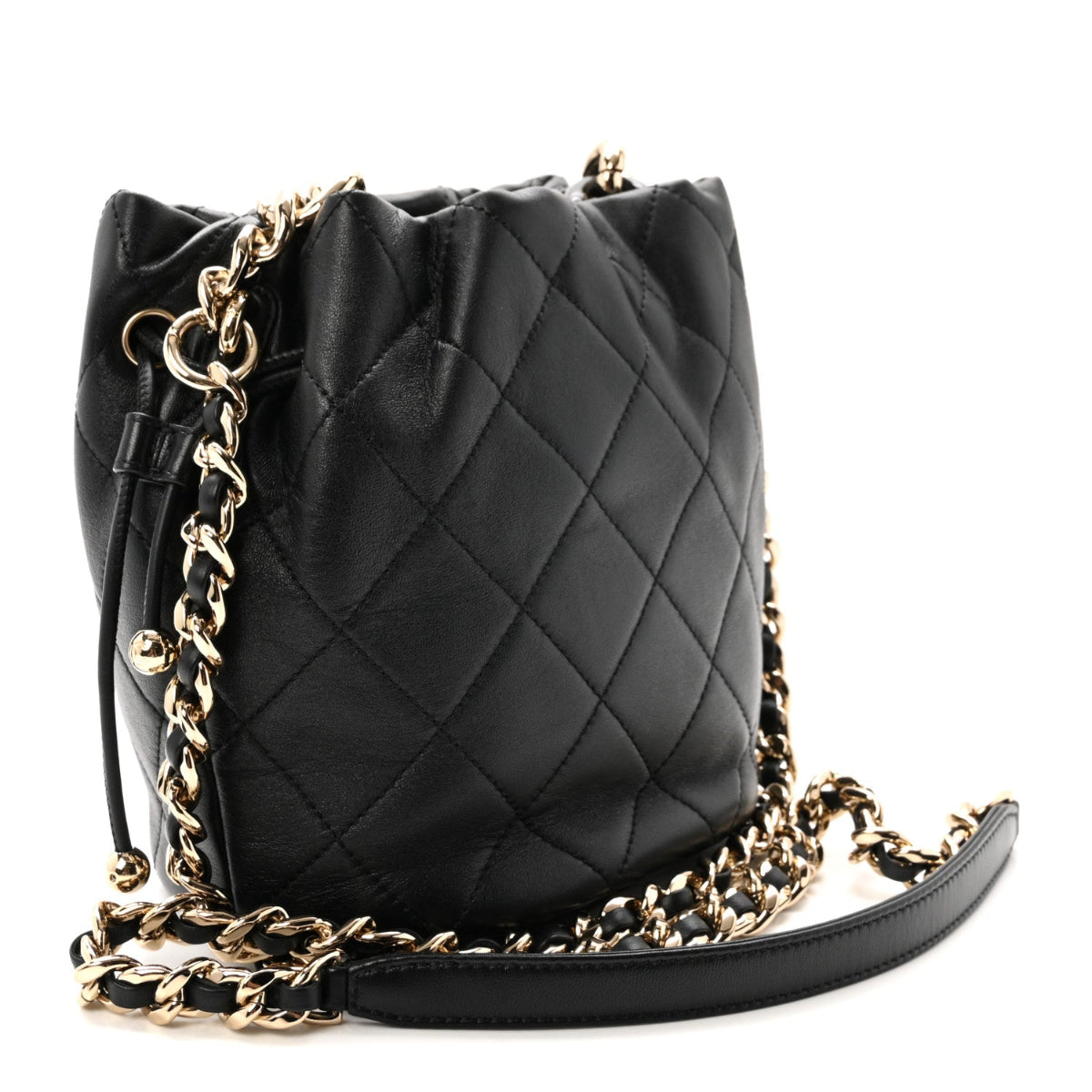 Lambskin Quilted Resin Bi-Color Chain Bucket Bag Black