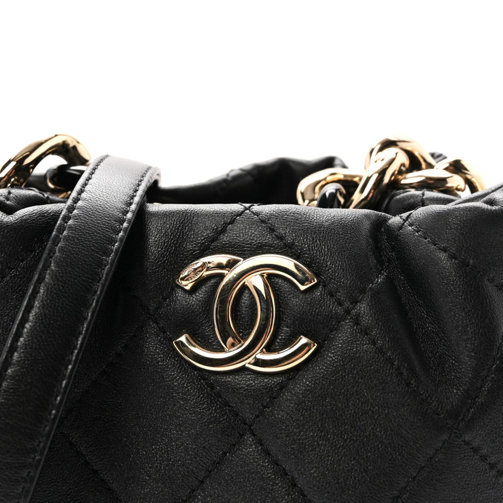 Lambskin Quilted Resin Bi-Color Chain Bucket Bag Black