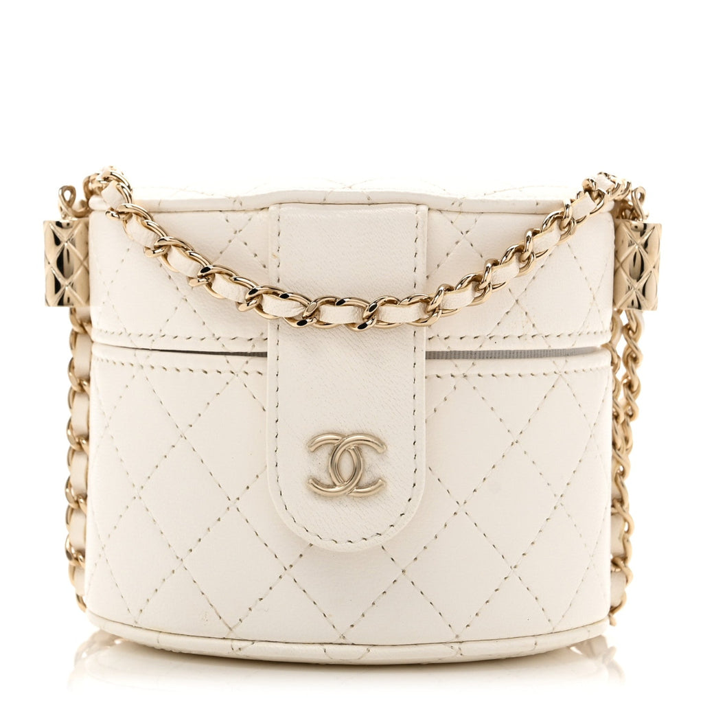 Lambskin Quilted Round Mini Vanity Case With Chain White