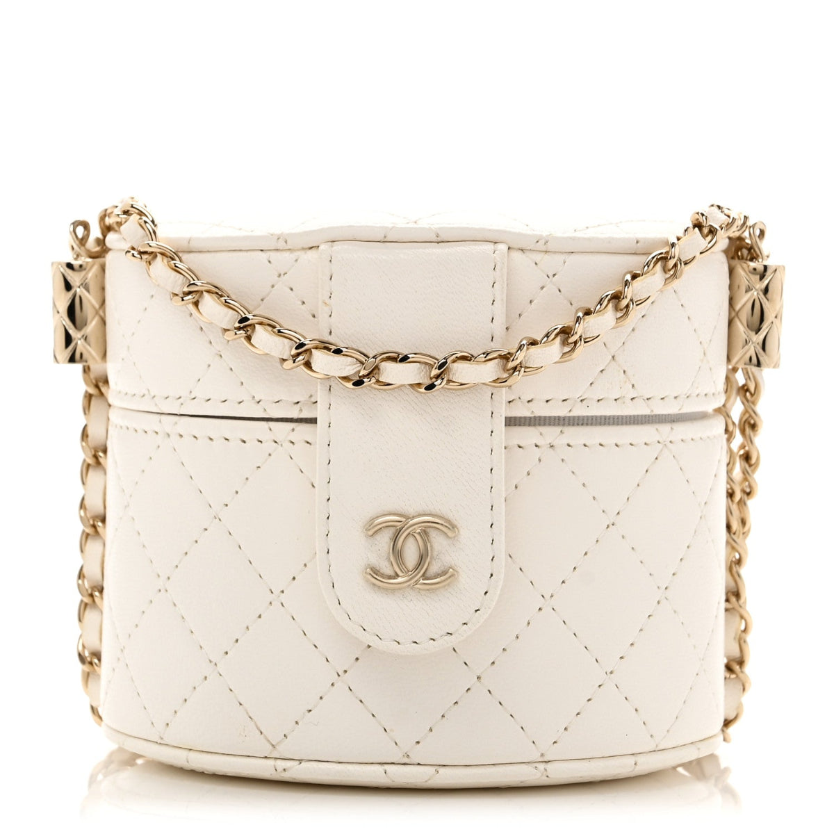 Lambskin Quilted Round Mini Vanity Case With Chain White